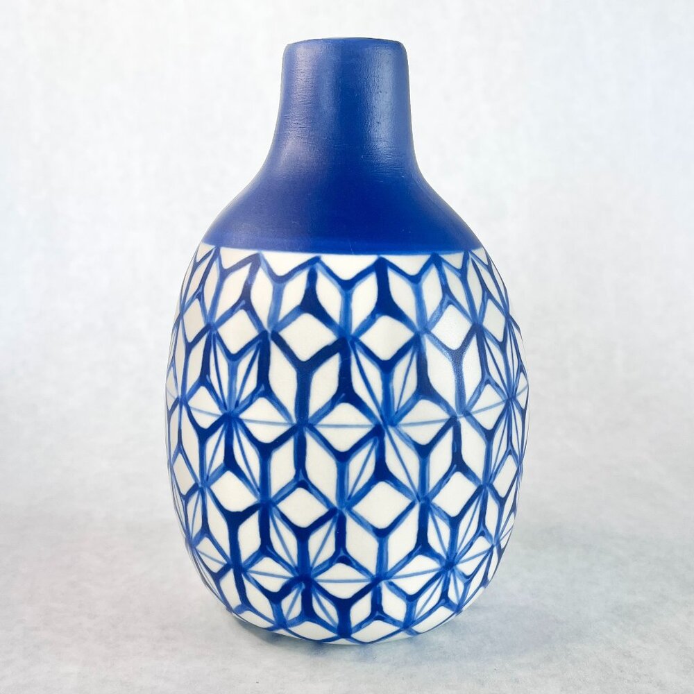 Vintage Artisan De Luxe Home Boho Thai Vase Royal Blue Geometric Print 7”
